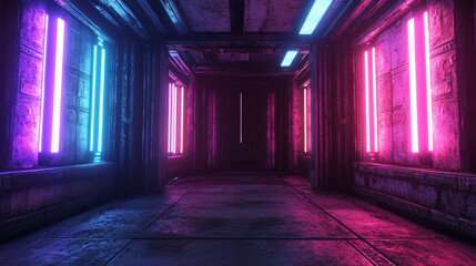 A dark, futuristic room with glowing pink, purple, and blue neon lights.  The concrete walls are textured, and the space is empty, perfect for adding text.