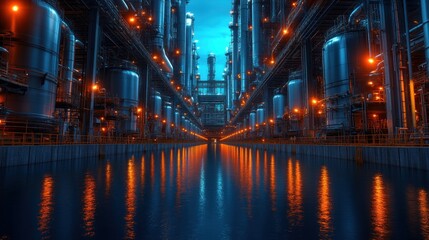 Naklejka premium A futuristic industrial scene with glowing tanks and reflective water.