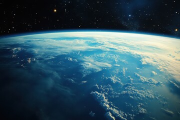 Stunning view of Earth from space with swirling clouds and a starry sky.