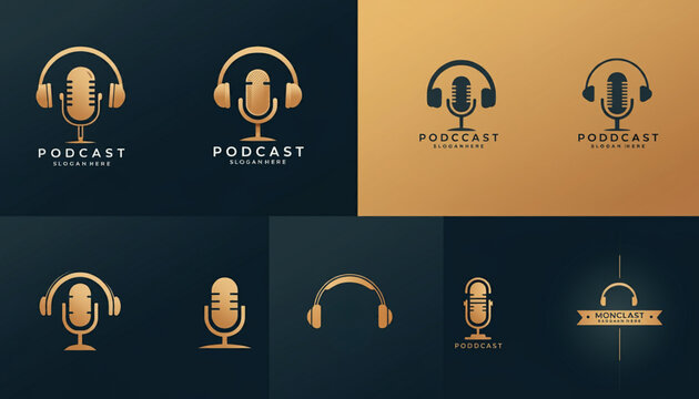 Elegant podcast logo templates with gold microphone and headphone icons on dark and gradient backgrounds, suitable for branding or digital media.
