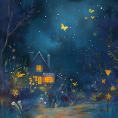 Fototapeta premium Enchanting night scene with glowing star in a starry sky surrounded by colorful wildflowers. Fantasy landscape illustration for design and print.