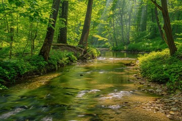 A serene forest scene featuring a gently flowing river surrounded by lush greenery.