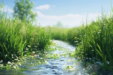 Obraz premium A serene stream flows through lush green grass and wildflowers under a clear blue sky.