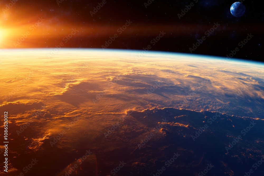 Canvas Prints sunrise over earth from space, showing clouds and a distant planet.