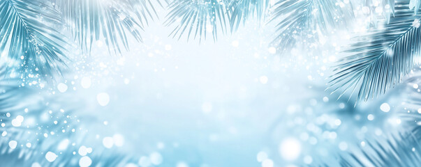 A light blue and white background with palm leaves, a sparkling water effect, blurred edges, shimmering reflections, and soft tones.