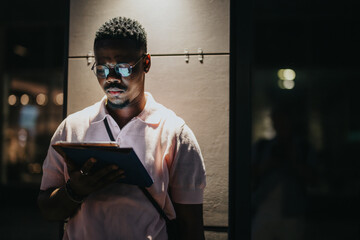 A young man intently reads a tablet in a dim setting, highlighting concentration amidst modern...