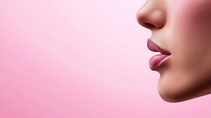 Profile of a woman's face against a soft pink background.