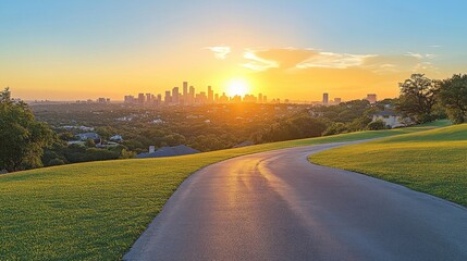 Obraz premium The warm glow of sunset casts a beautiful light over the city skyline, framed by a winding road and lush greenery