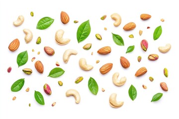 Cashews, almonds, pistachios and green leaves arranged on a white background.