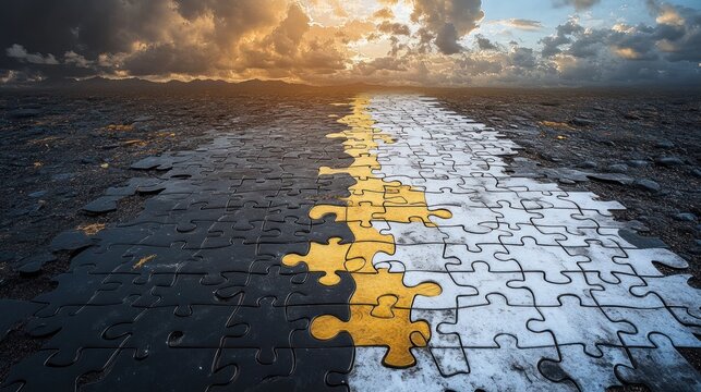 A striking puzzle path blends dark and bright pieces under a dramatic sunset sky, inviting exploration and introspection