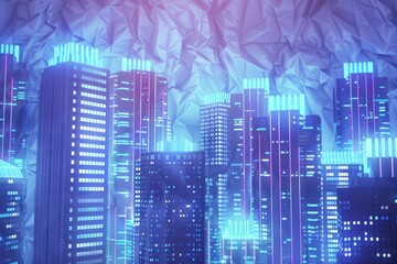 Obraz premium Futuristic cityscape with illuminated skyscrapers against a textured background.