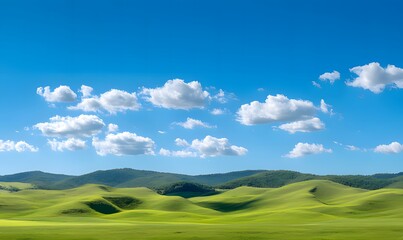 Obraz premium A vast expanse of rolling green hills stretches towards a vibrant blue sky adorned with fluffy white clouds. The landscape appears serene and peaceful, inviting you to explore its tranquil beauty