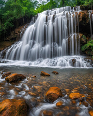 Obraz premium tropical haven, cascading nature, woodland peace, filtered sunlight, radiant woods, vibrant wilderness, forest stream, sunlight sparkles, magical glade, secluded paradise, tranquil creek, lush ecosyst