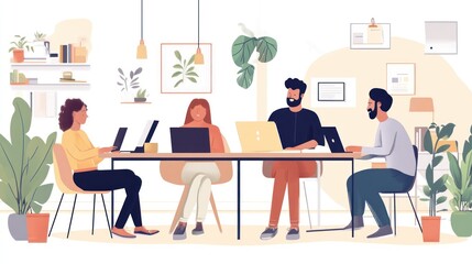 Four diverse colleagues working together at a table in a modern office space.