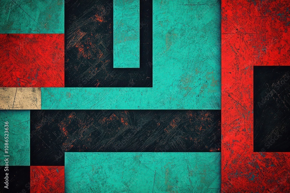 Aufkleber unique abstract design with large blocks in bright turquoise, deep red, and black; subtle geometric 