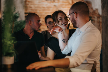 Young professionals enjoying a lively and friendly discussion during a business meeting in a creative indoor workspace, emphasizing teamwork and a positive work environment.