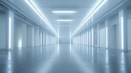 A futuristic, white, underground hall.  It's large, empty, and has glowing windows.  Think modern industrial garage meets alien corridor.
