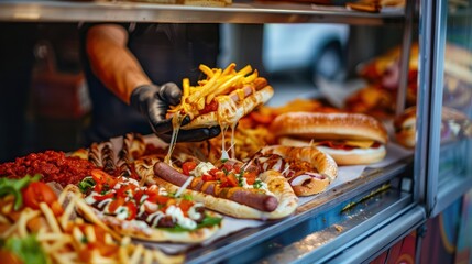 close-up photo of food truck window presentation serving