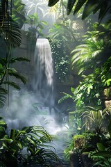 Dense rainforest with cascading waterfall