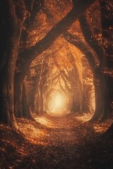 Sunlit forest trail covered in autumn leaves