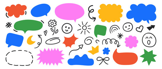 Obraz premium Set of cute colorful doodle elements. Hand drawn collection of stars, heart, arrows, scribble, speech bubbles, flower. Vector line illustration