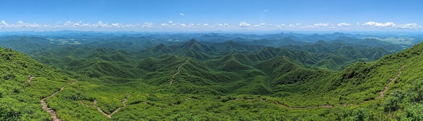 Naklejka premium Panoramic View of Lush Green Mountains and Hiking Trails