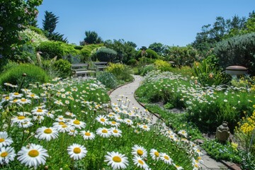 A serene garden path lined with daisies, inviting peaceful strolls amidst lush greenery.