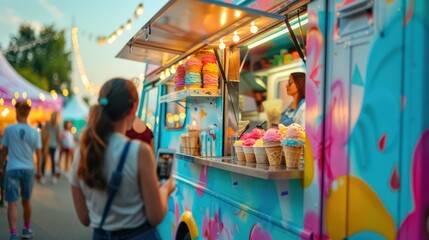 Obraz premium Colorful food trucks selling ice cream give a cute and sweet impression that attracts customers' attention