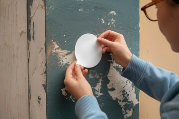 A person is attaching a white circular sticker mockup on wall