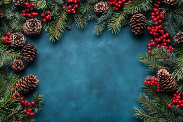 Fototapeta premium Christmas border on white background. Top view and flat lay with copy space for invitation text