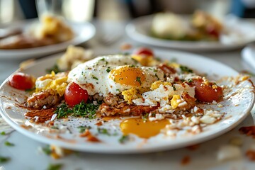 A white plate with a finished meal of eggs, tomatoes, and parsley on a white table.