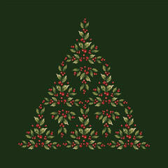 Series of floral christmas tree illustration in retro vintage classical style