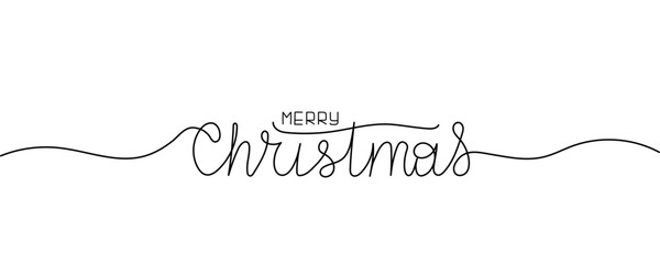 One line handwritten Merry Christmas greeting on white background. Festive message is elegantly crafted in a hand drawn style, emphasizing the joyful spirit of Holiday. The black script decoration.