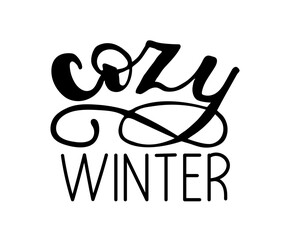 Cozy winter hand drawn typography design featuring stylish lettering and elegant swirls. Calligraphy handwritten black on white background Words perfect for seasonal decor or holiday-themed projects