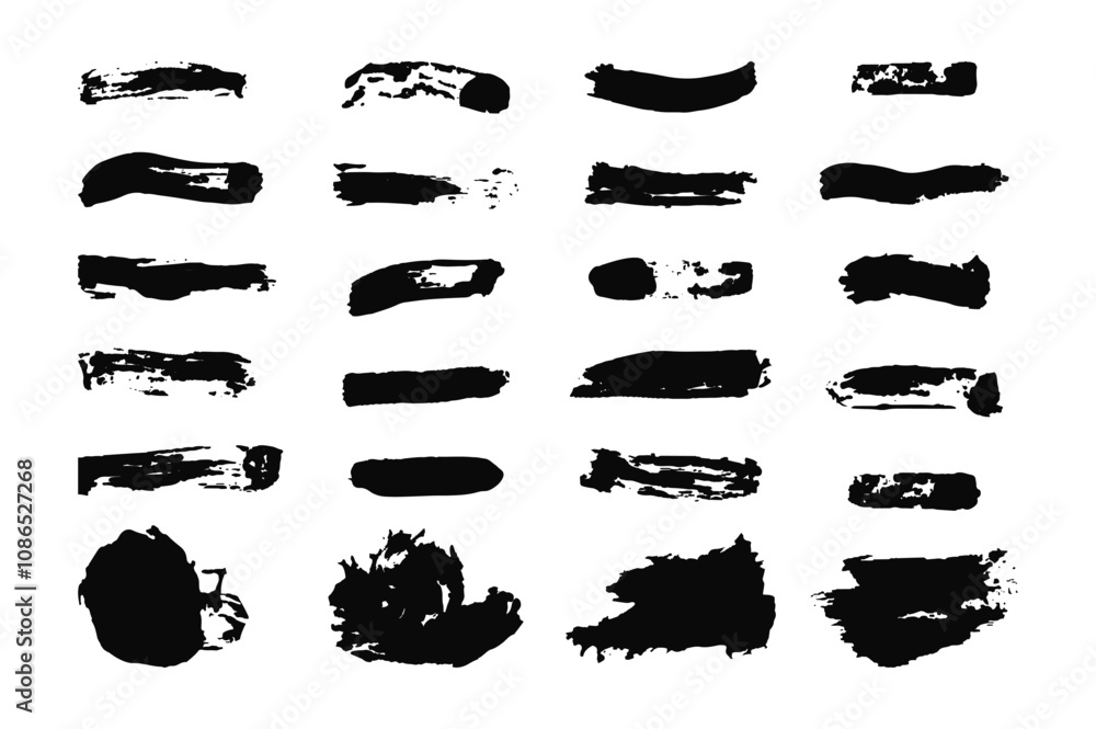 Poster collection of various black art brushes. grunge marker strokes displayed in grid format showcase dif