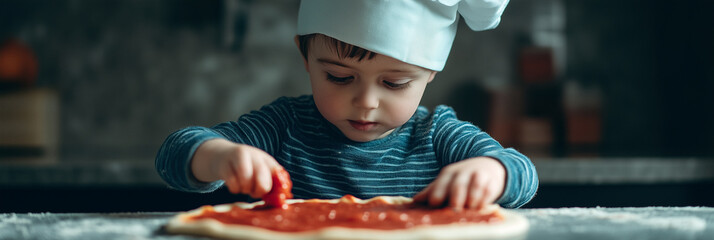 Young boy preparing pizza in chef hat