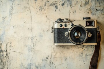 Vintage film camera with lens cap off, ready to capture footage, set against a textured backdrop. Ample copy space for cinematography or film history themes