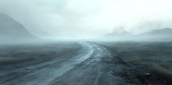 A winding dirt road disappearing into the mist of a foggy landscape, surrounded by mountains.