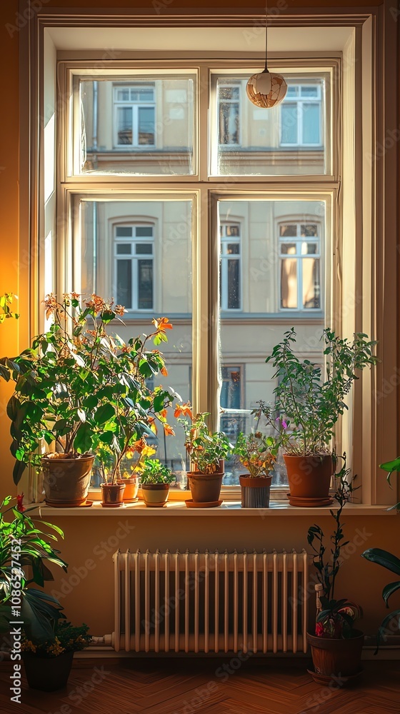 Poster a window with several potted plants on the windowsill, with the sun shining in through the window.