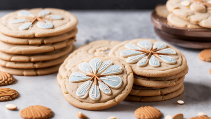 Fototapeta premium A stack of round, light-brown cookies, decorated with white icing and star shapes. Almonds and spices are scattered around.