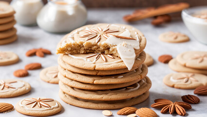 Fototapeta premium A stack of round, light-brown cookies, decorated with white icing and star shapes. Almonds and spices are scattered around.