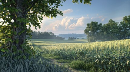 Tranquil Landscape with Lush Green Fields and Trees