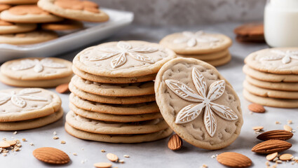 Fototapeta premium A stack of round, light-brown cookies, decorated with white icing and star shapes. Almonds and spices are scattered around.