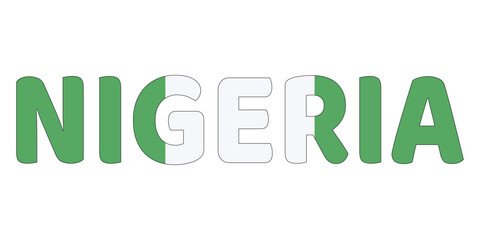 The country name NIGERIA is displayed in large, bold letters. Each letter is filled with the colors and symbols of the Nigerian flag.