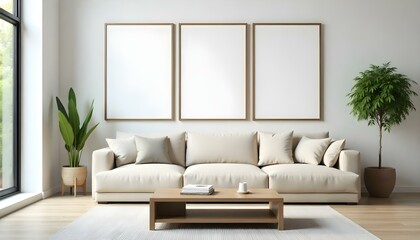 A modern living room with a beige sectional sofa, a wooden coffee table, and three empty framed wall art displays