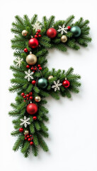 New Year's letter "F" created from fir branches, Christmas balls and snowflakes