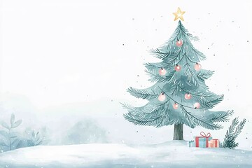 Fototapeta premium A serene winter scene featuring a decorated Christmas tree with gifts beneath it, set against a snowy background.