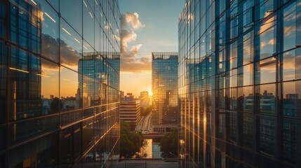 Fototapeta premium Sunset Reflection Between Modern Skyscrapers