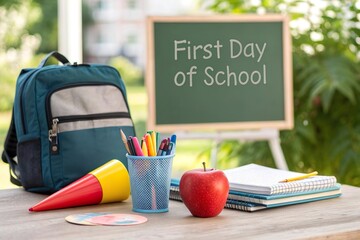 Erster Schultag – Schulutensilien mit Apfel vor Tafel