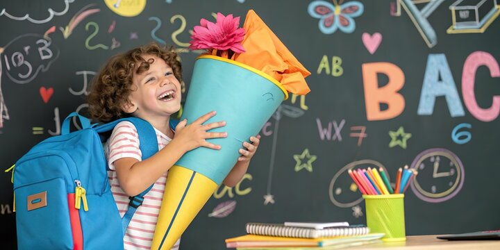 Gl&uuml;ckliches Kind mit Schult&uuml;te am ersten Schultag